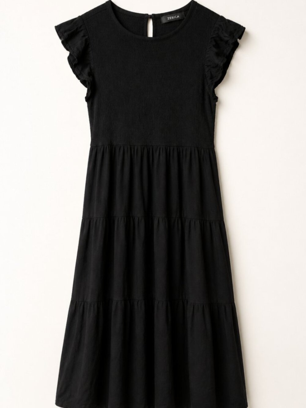 Zesica Black Smocked Waist Tiered Ruffle Sleeve Dress - M